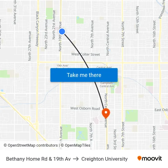 Bethany Home Rd & 19th Av to Creighton University map