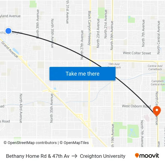 Bethany Home Rd & 47th Av to Creighton University map