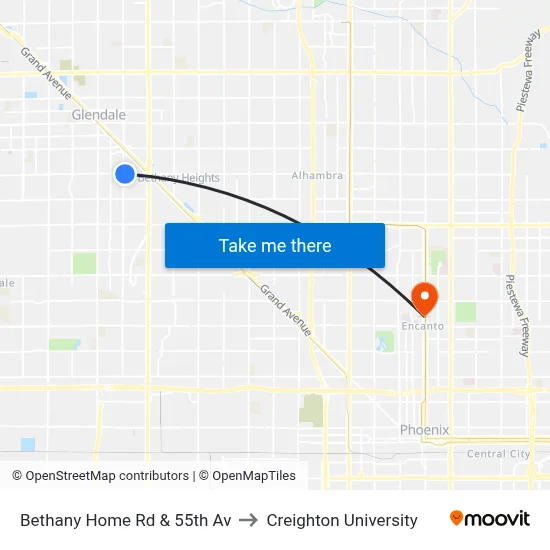 Bethany Home Rd & 55th Av to Creighton University map