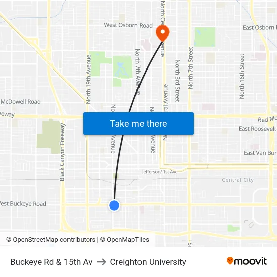 Buckeye Rd & 15th Av to Creighton University map