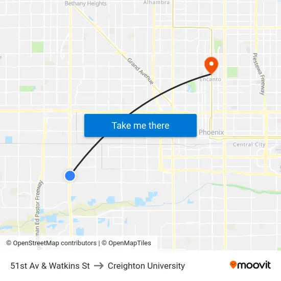 51st Av & Watkins St to Creighton University map