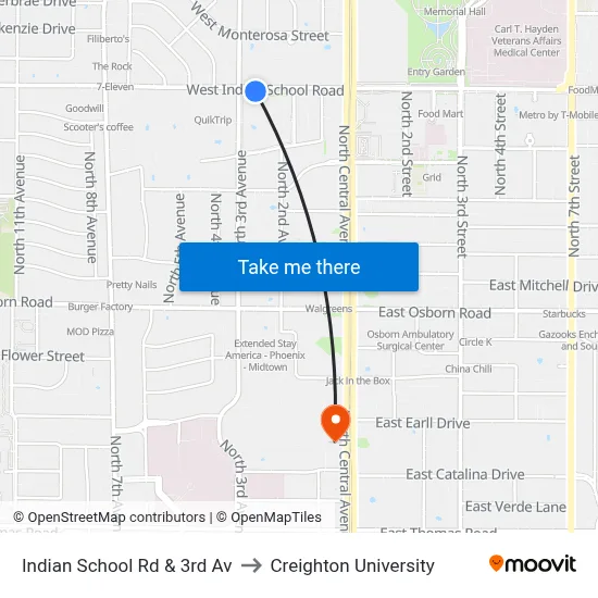Indian School Rd & 3rd Av to Creighton University map