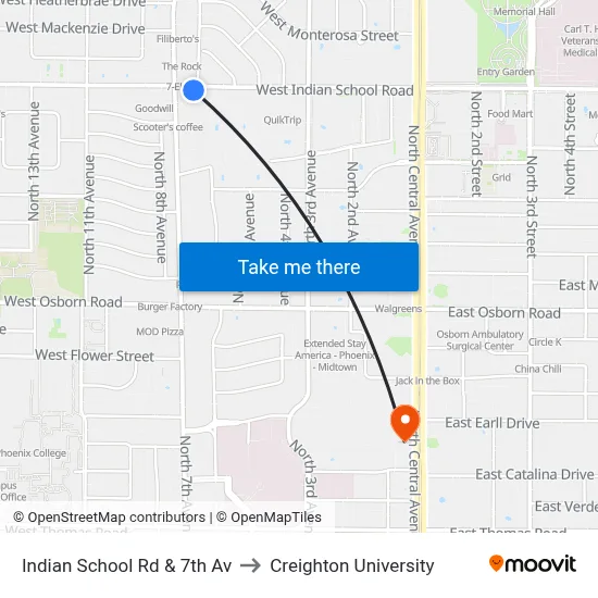 Indian School Rd & 7th Av to Creighton University map