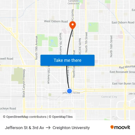 Jefferson St & 3rd Av to Creighton University map