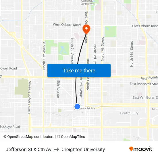Jefferson St & 5th Av to Creighton University map