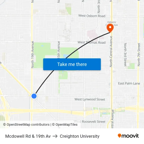Mcdowell Rd & 19th Av to Creighton University map