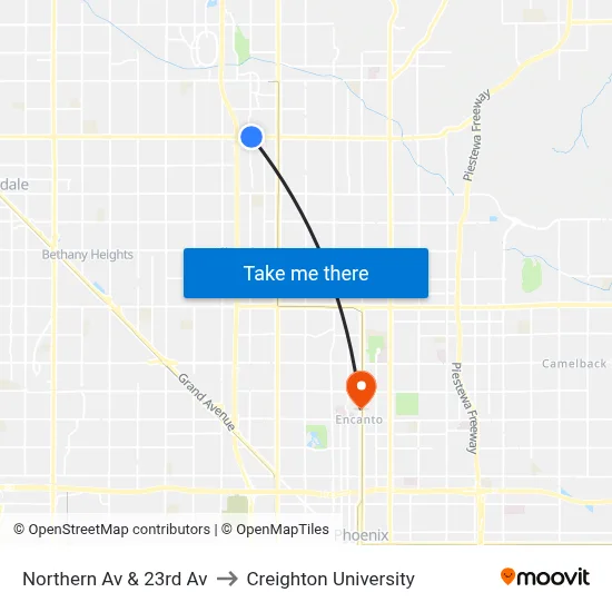 Northern Av & 23rd Av to Creighton University map