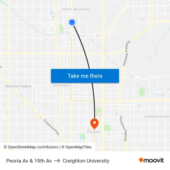 Peoria Av & 19th Av to Creighton University map