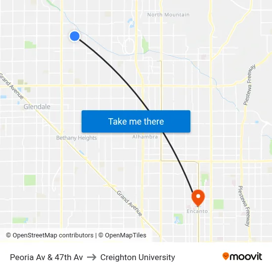 Peoria Av & 47th Av to Creighton University map