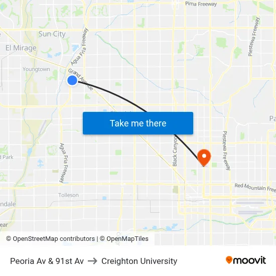 Peoria Av & 91st Av to Creighton University map