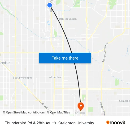 Thunderbird Rd & 28th Av to Creighton University map