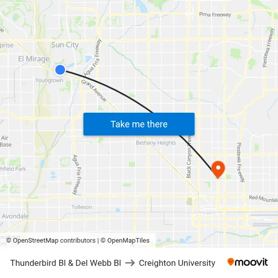 Thunderbird Bl & Del Webb Bl to Creighton University map