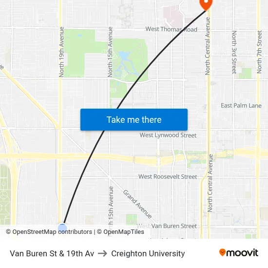 Van Buren St & 19th Av to Creighton University map