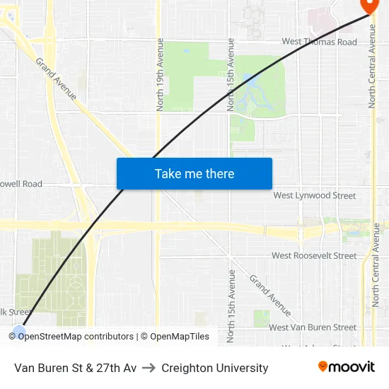 Van Buren St & 27th Av to Creighton University map