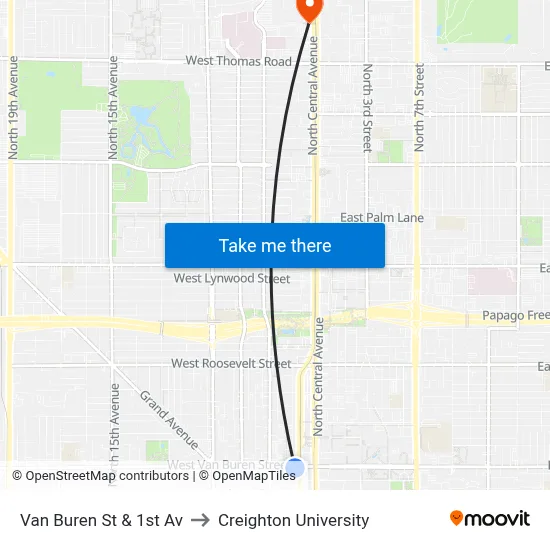 Van Buren St & 1st Av to Creighton University map