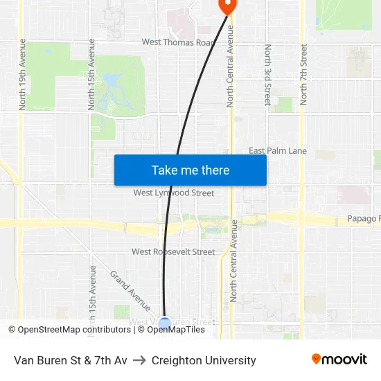 Van Buren St & 7th Av to Creighton University map