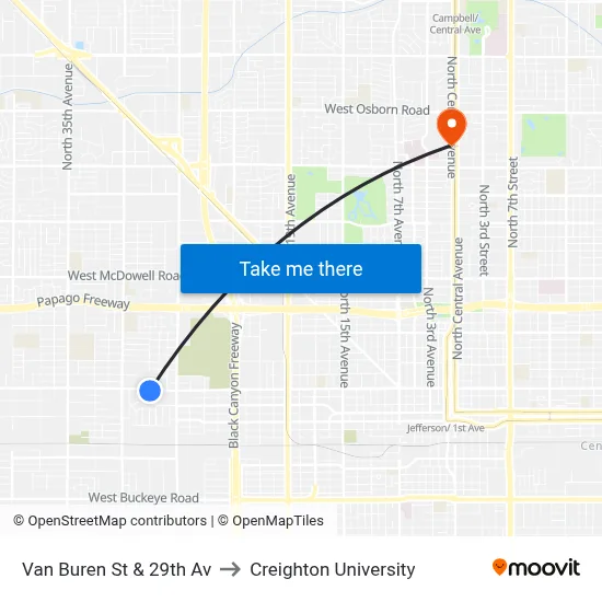Van Buren St & 29th Av to Creighton University map