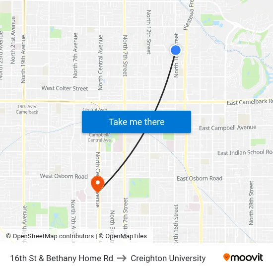 16th St & Bethany Home Rd to Creighton University map