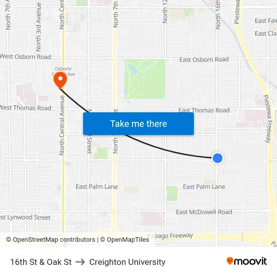 16th St & Oak St to Creighton University map