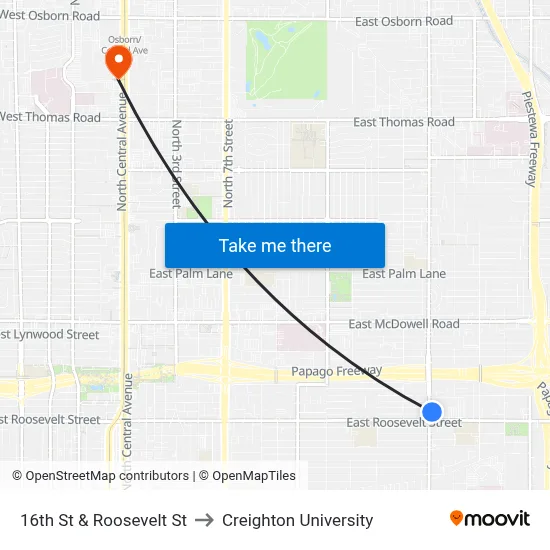 16th St & Roosevelt St to Creighton University map