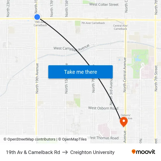 19th Av & Camelback Rd to Creighton University map