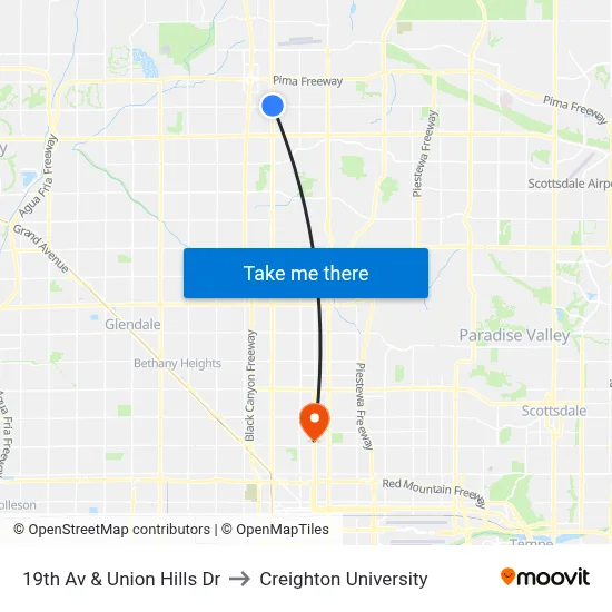 19th Av & Union Hills Dr to Creighton University map