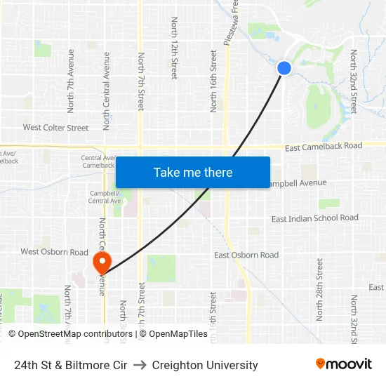 24th St & Biltmore Cir to Creighton University map