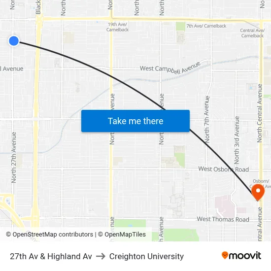 27th Av & Highland Av to Creighton University map