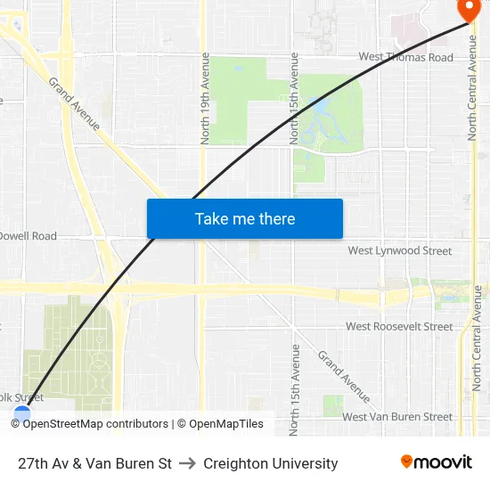 27th Av & Van Buren St to Creighton University map