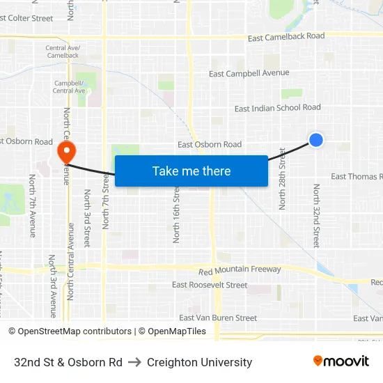 32nd St & Osborn Rd to Creighton University map