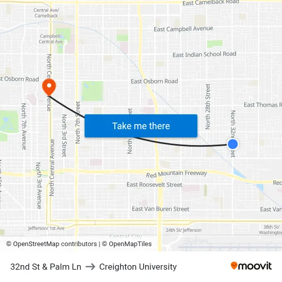 32nd St & Palm Ln to Creighton University map