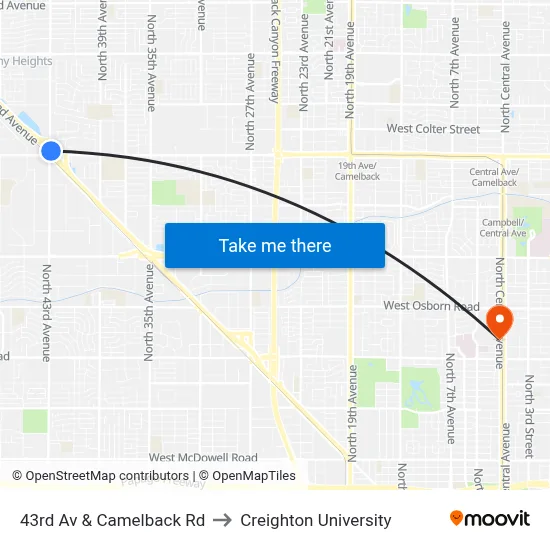 43rd Av & Camelback Rd to Creighton University map