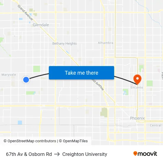 67th Av & Osborn Rd to Creighton University map