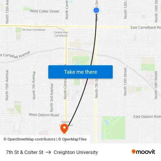7th St & Colter St to Creighton University map