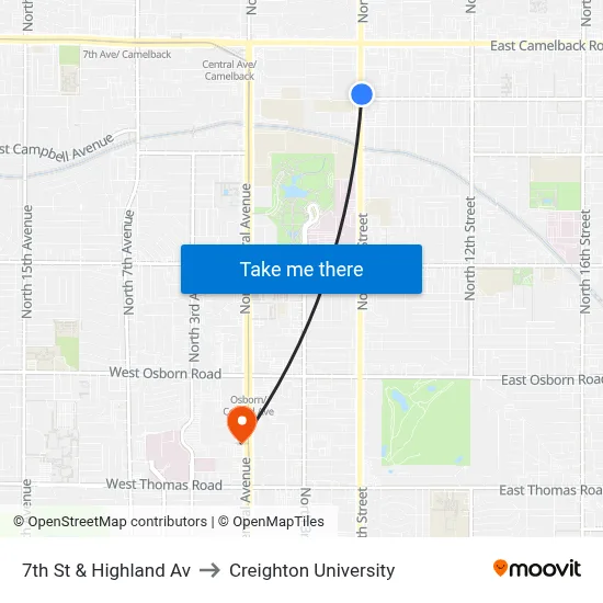 7th St & Highland Av to Creighton University map