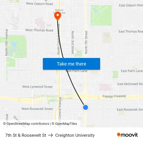 7th St & Roosevelt St to Creighton University map