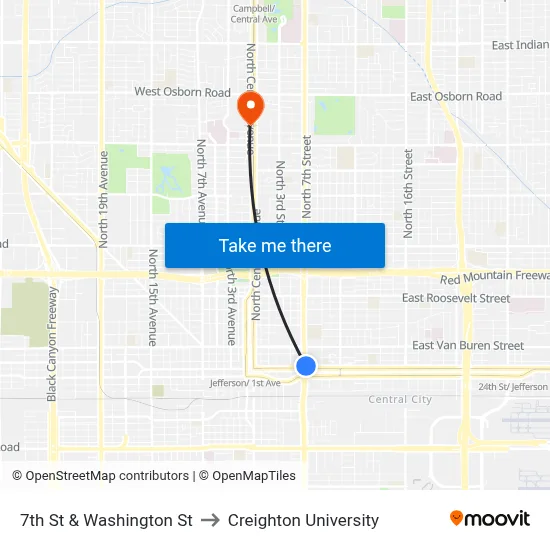 7th St & Washington St to Creighton University map