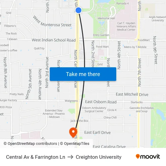 Central Av & Farrington Ln to Creighton University map
