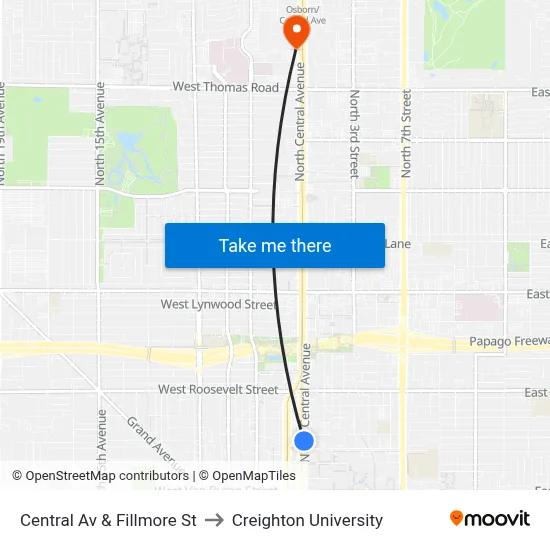 Central Av & Fillmore St to Creighton University map