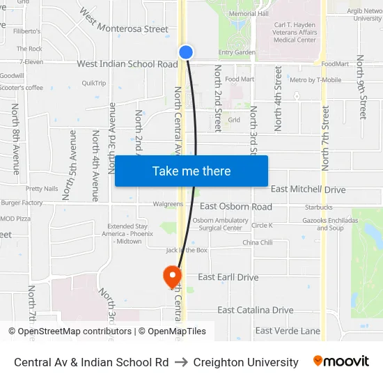 Central Av & Indian School Rd to Creighton University map