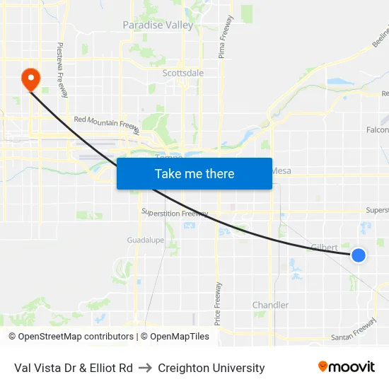 Val Vista Dr & Elliot Rd to Creighton University map