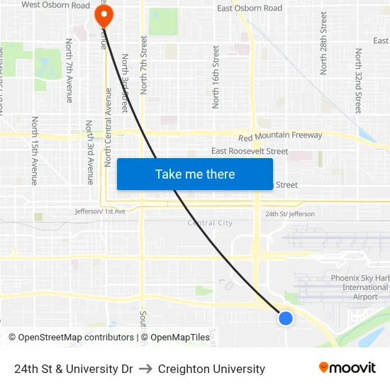 24th St & University Dr to Creighton University map