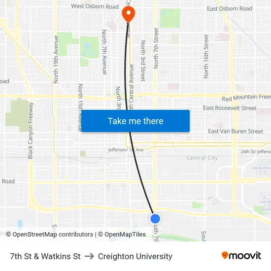 7th St & Watkins St to Creighton University map