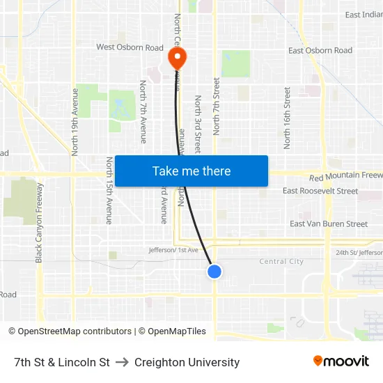 7th St & Lincoln St to Creighton University map