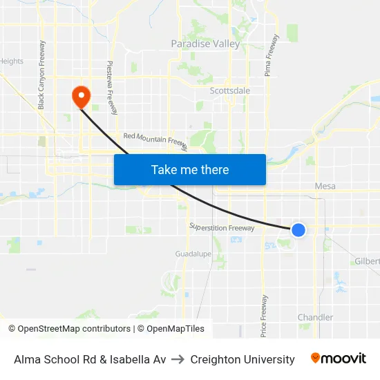 Alma School Rd & Isabella Av to Creighton University map