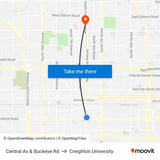 Central Av & Buckeye Rd to Creighton University map