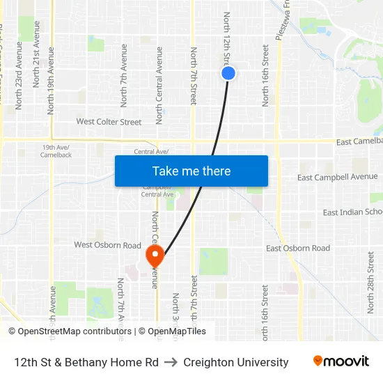 12th St & Bethany Home Rd to Creighton University map