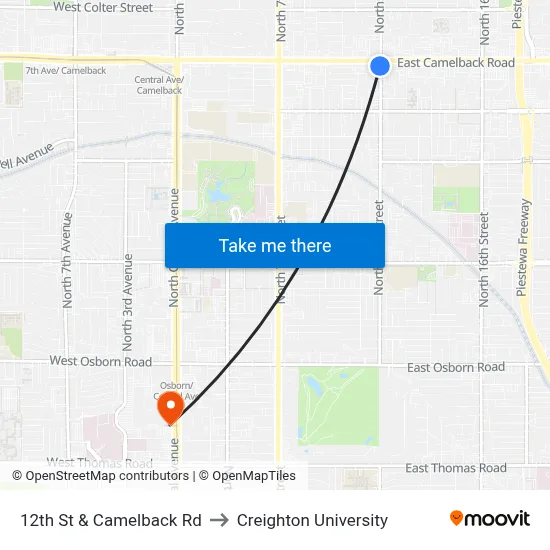 12th St & Camelback Rd to Creighton University map