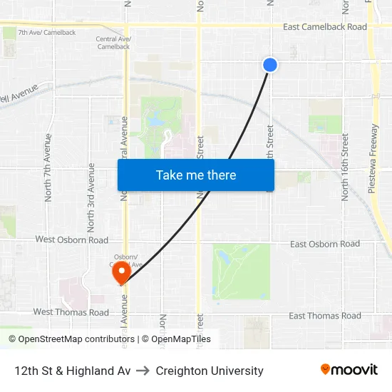 12th St & Highland Av to Creighton University map