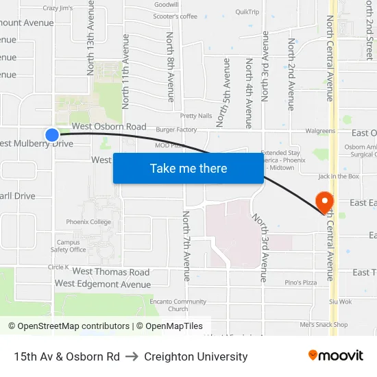 15th Av & Osborn Rd to Creighton University map